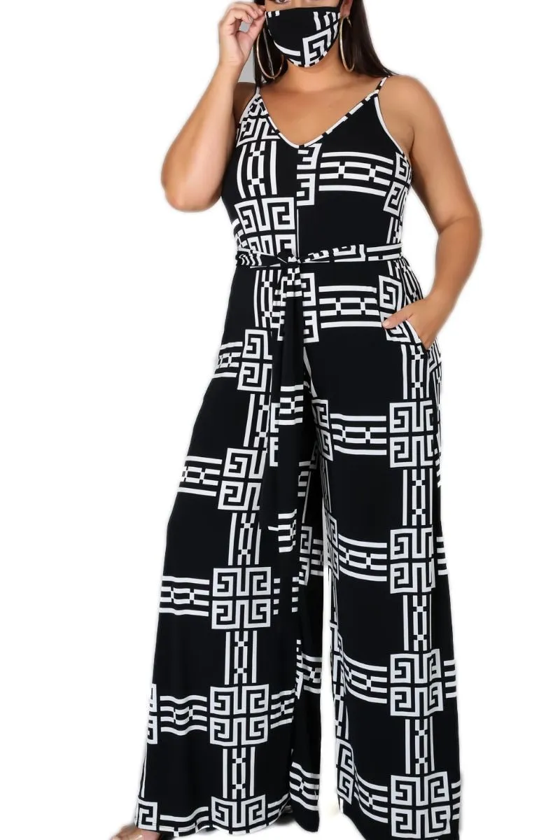Final Sale Plus Size Spaghetti Strap Belted Jumpsuit in Black & White