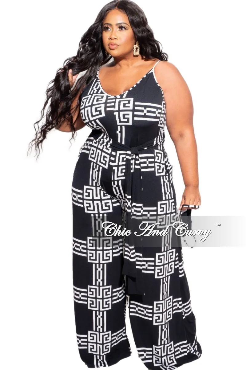 Final Sale Plus Size Spaghetti Strap Belted Jumpsuit in Black & White