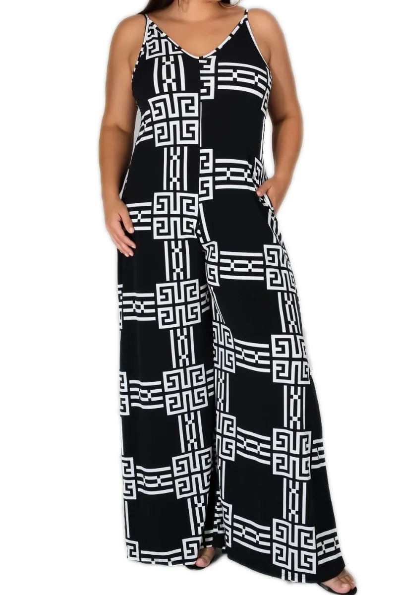 Final Sale Plus Size Spaghetti Strap Belted Jumpsuit in Black & White