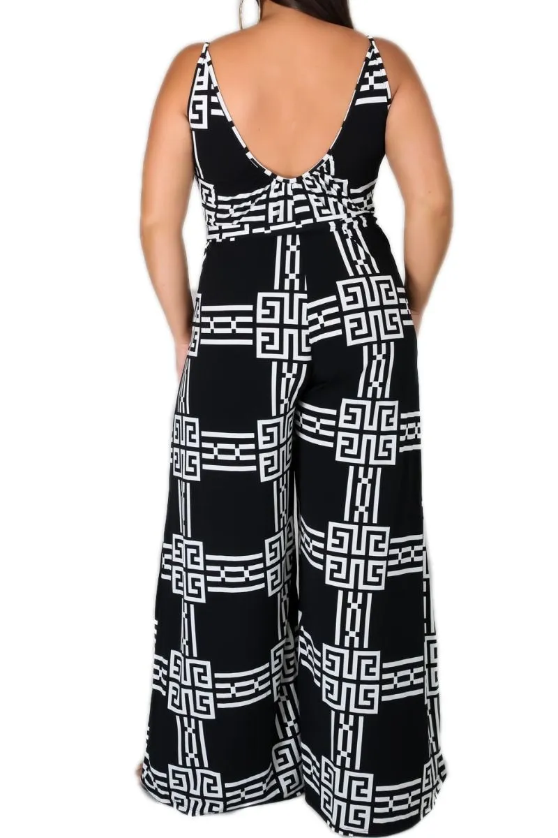 Final Sale Plus Size Spaghetti Strap Belted Jumpsuit in Black & White
