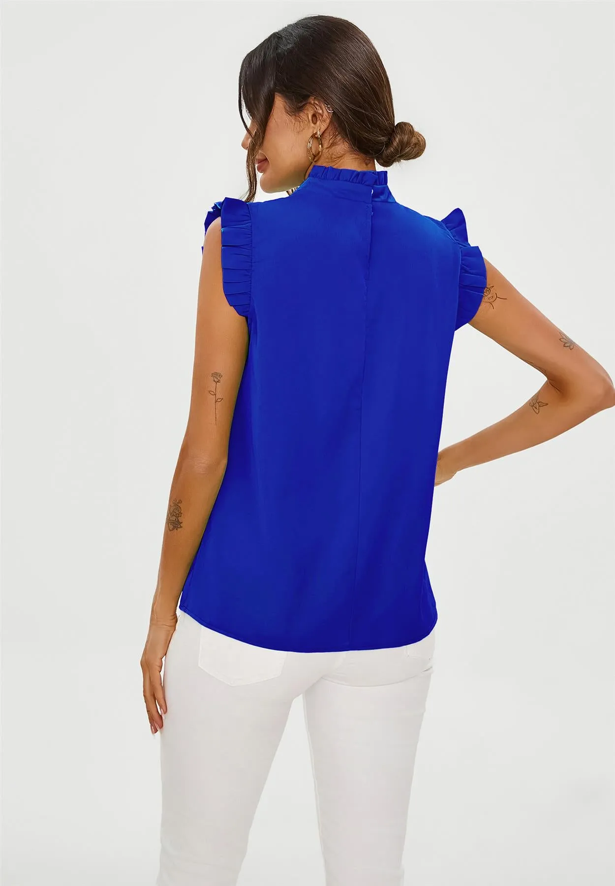 Frill Trim Sleeve High Neck Blouse Top In Royal Blue