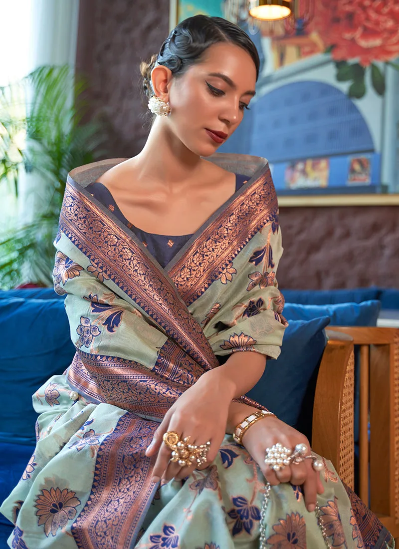 Greenish Blue Zari Weaved Jacquard Silk Saree