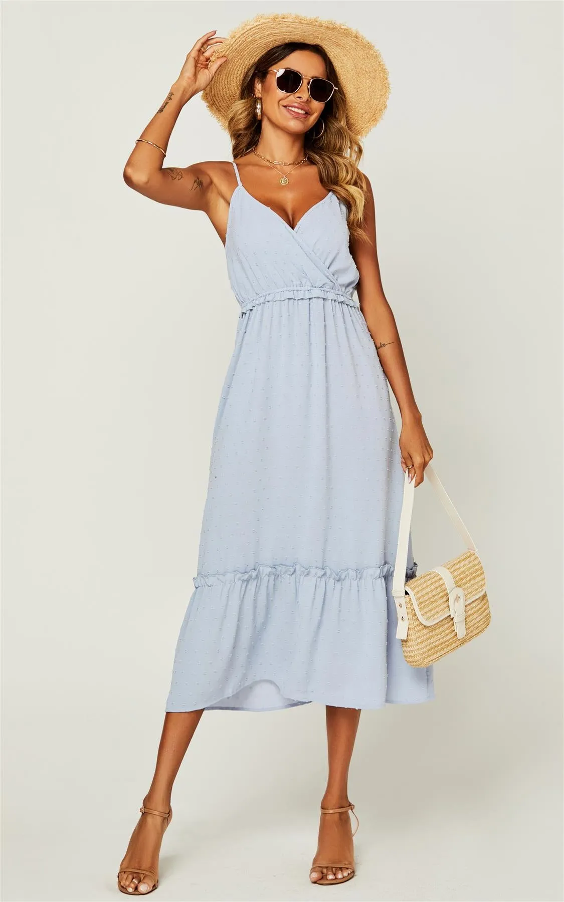 Hem Frill Detail Wrap Strappy Midi Dress In Grey Blue