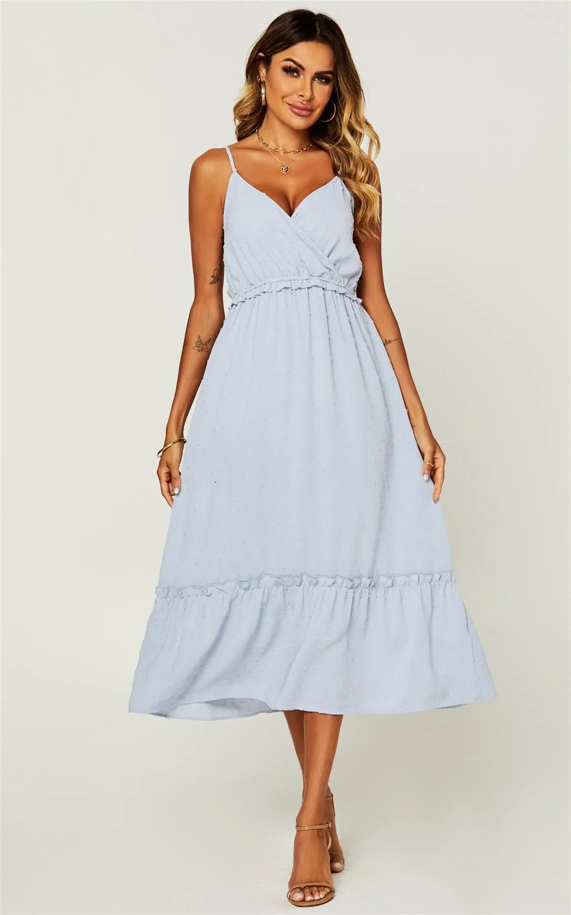 Hem Frill Detail Wrap Strappy Midi Dress In Grey Blue