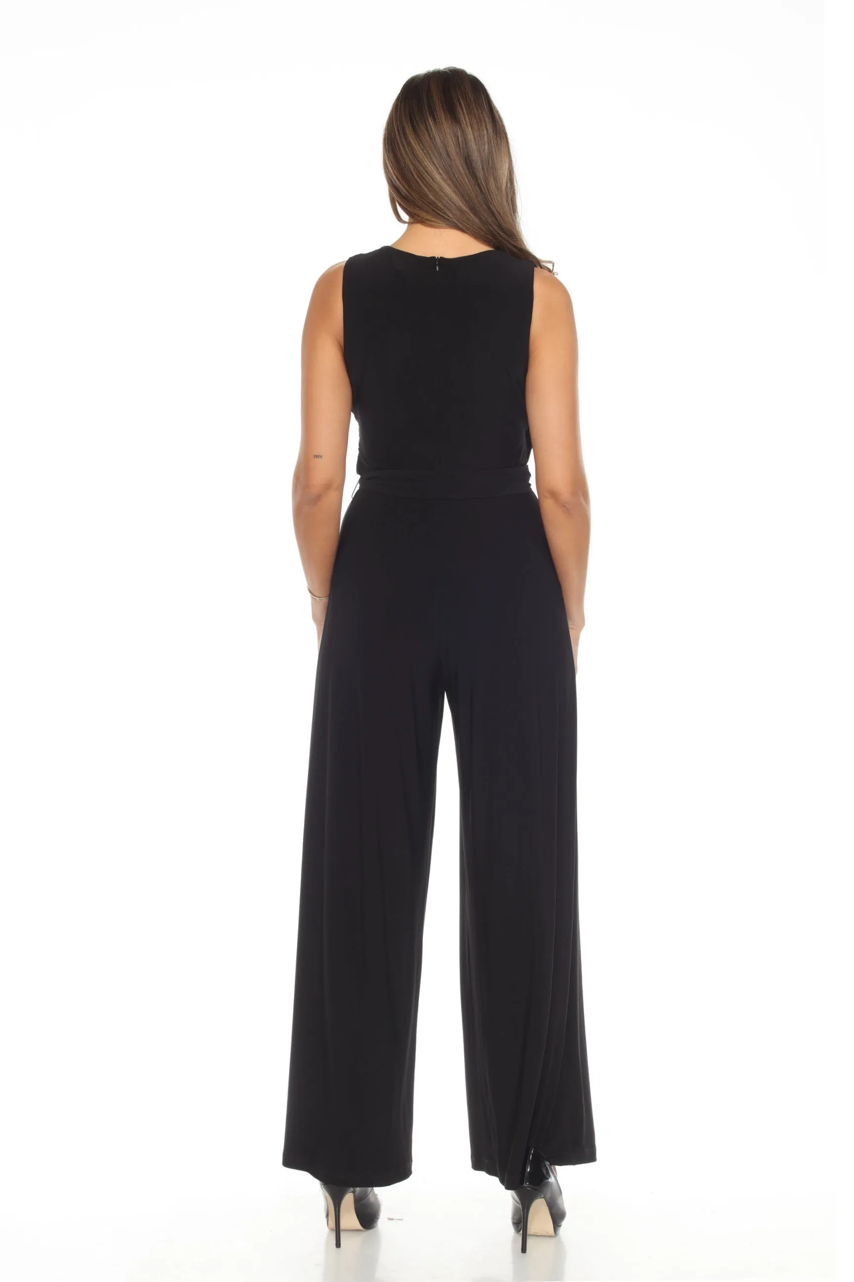 Joseph Ribkoff Black Ruched Belted Sleeveless Wide Leg Jumpsuit 244192