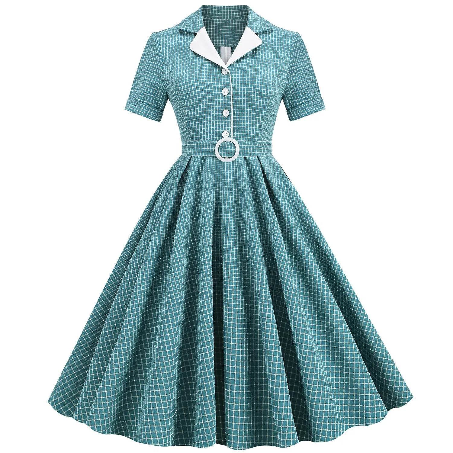 kamames England Style Red Plaid Dress Women Summer Short Sleeves Sashes A-Line Casual Tunic Dress 50s Vintage Midi Party Dresses