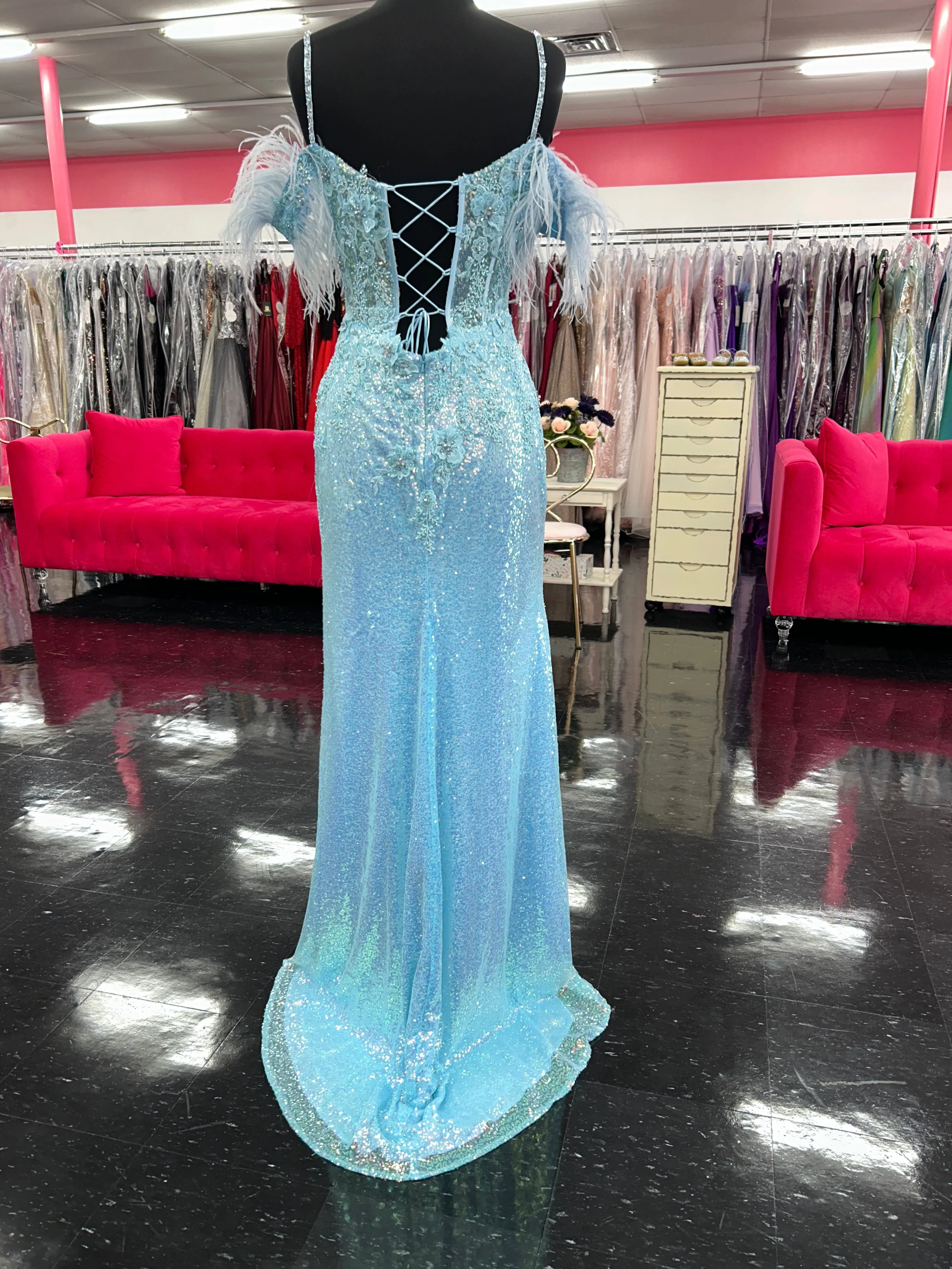 Lucci Lu 1282 Size 10 Light Blue Long Fitted Sequin Sheer Lace Feather off the Shoulder Prom Dress Formal Gown Corset Back