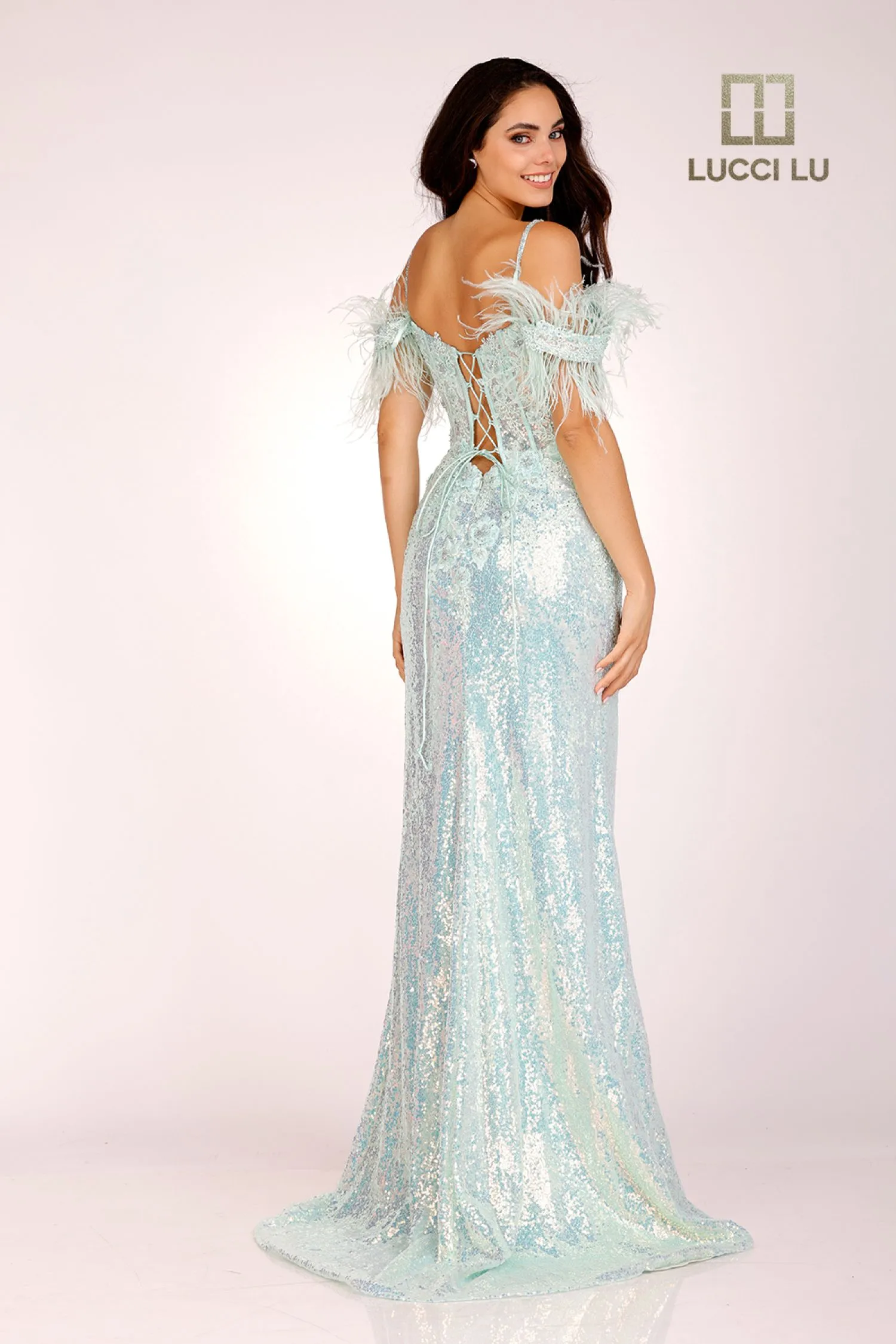 Lucci Lu 1282 Size 10 Light Blue Long Fitted Sequin Sheer Lace Feather off the Shoulder Prom Dress Formal Gown Corset Back