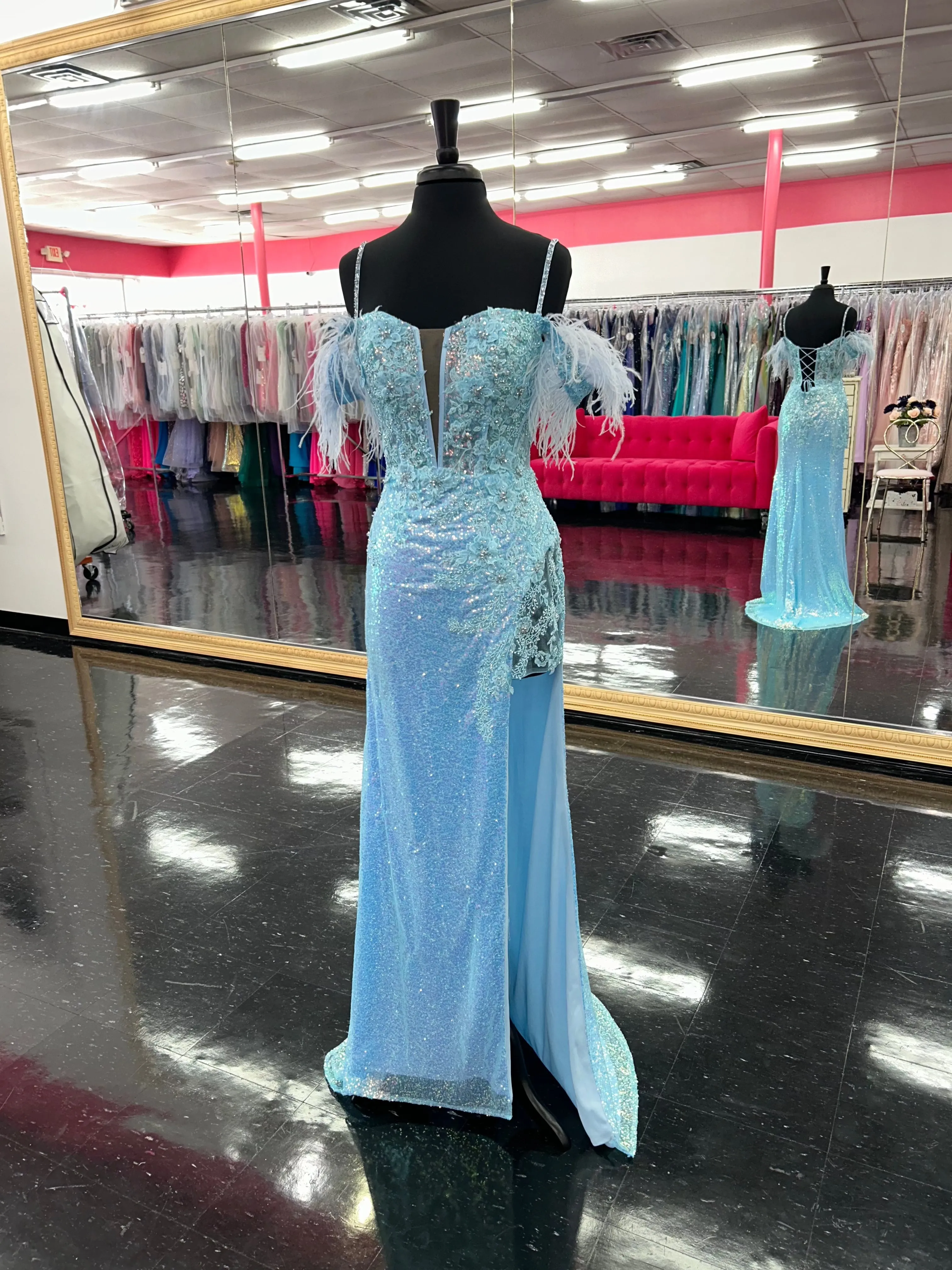 Lucci Lu 1282 Size 10 Light Blue Long Fitted Sequin Sheer Lace Feather off the Shoulder Prom Dress Formal Gown Corset Back