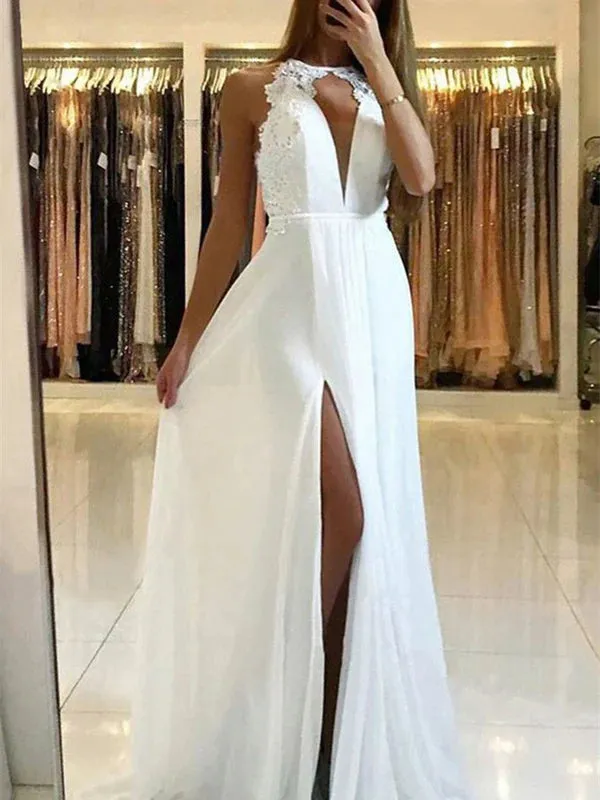 Luolandi Unique Jewel Chiffon Prom Dresses A-line Appliqued Gowns Elegant Evening Dress With Slit