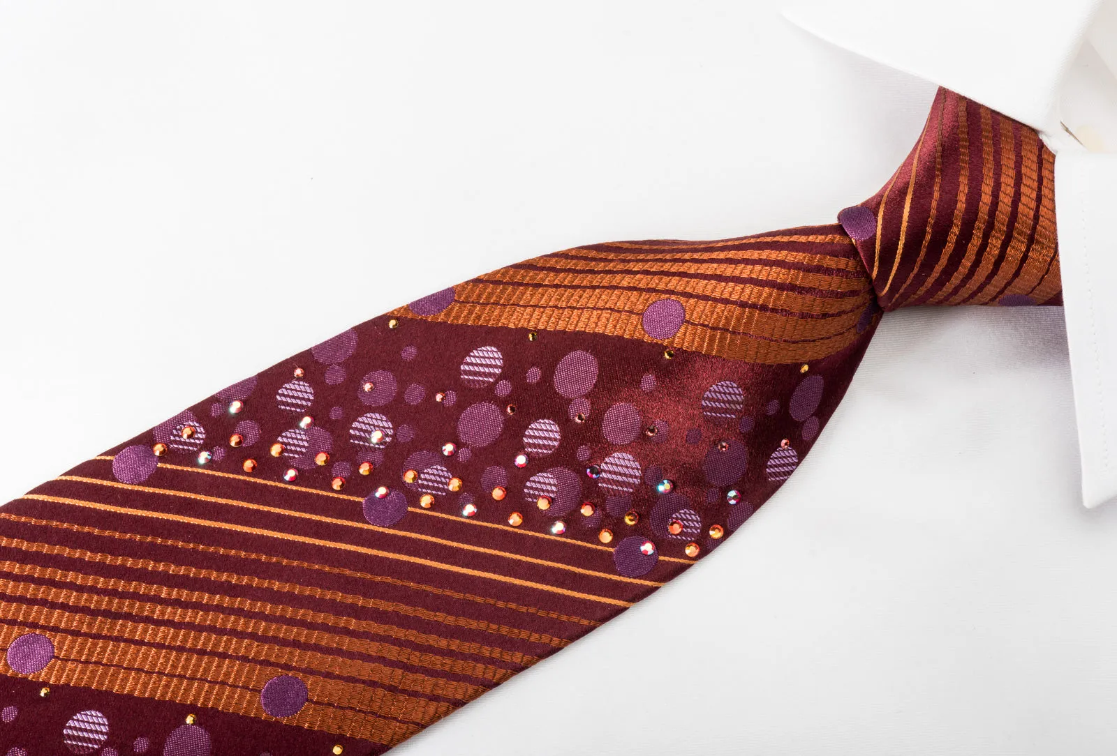 Mila Schon Men's Silk Necktie Copper Striped On Burgundy Sparkling With Rhinestones