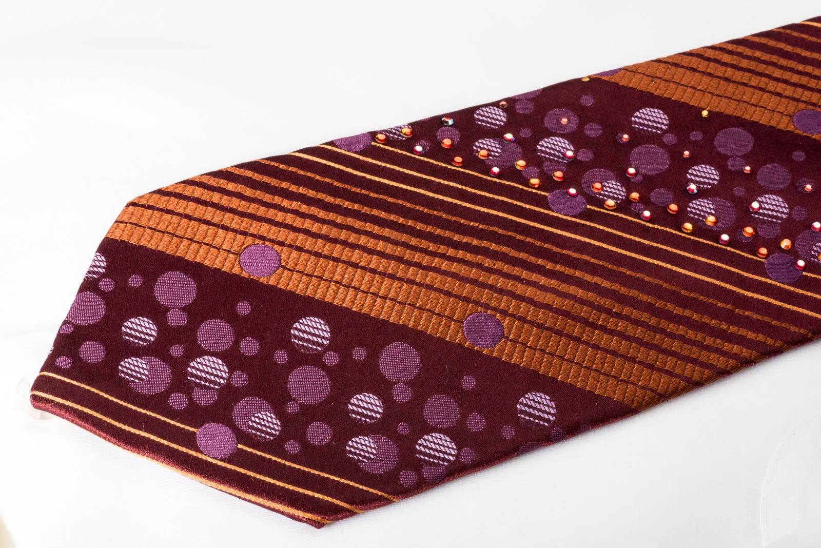 Mila Schon Men's Silk Necktie Copper Striped On Burgundy Sparkling With Rhinestones
