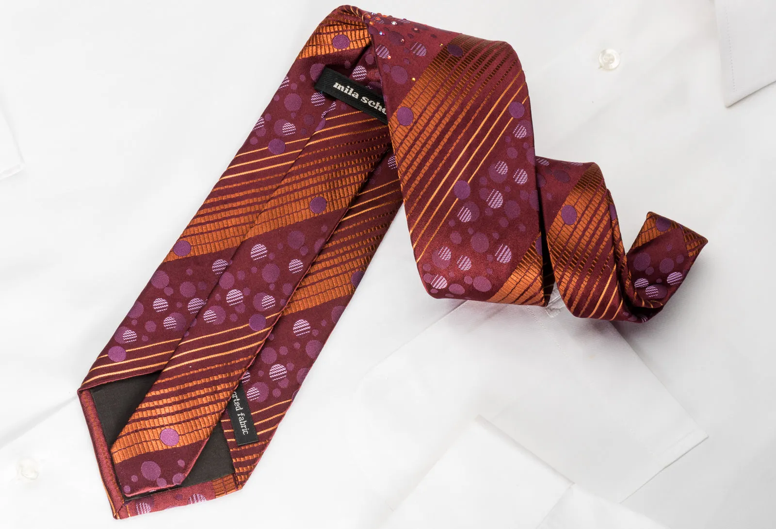 Mila Schon Men's Silk Necktie Copper Striped On Burgundy Sparkling With Rhinestones