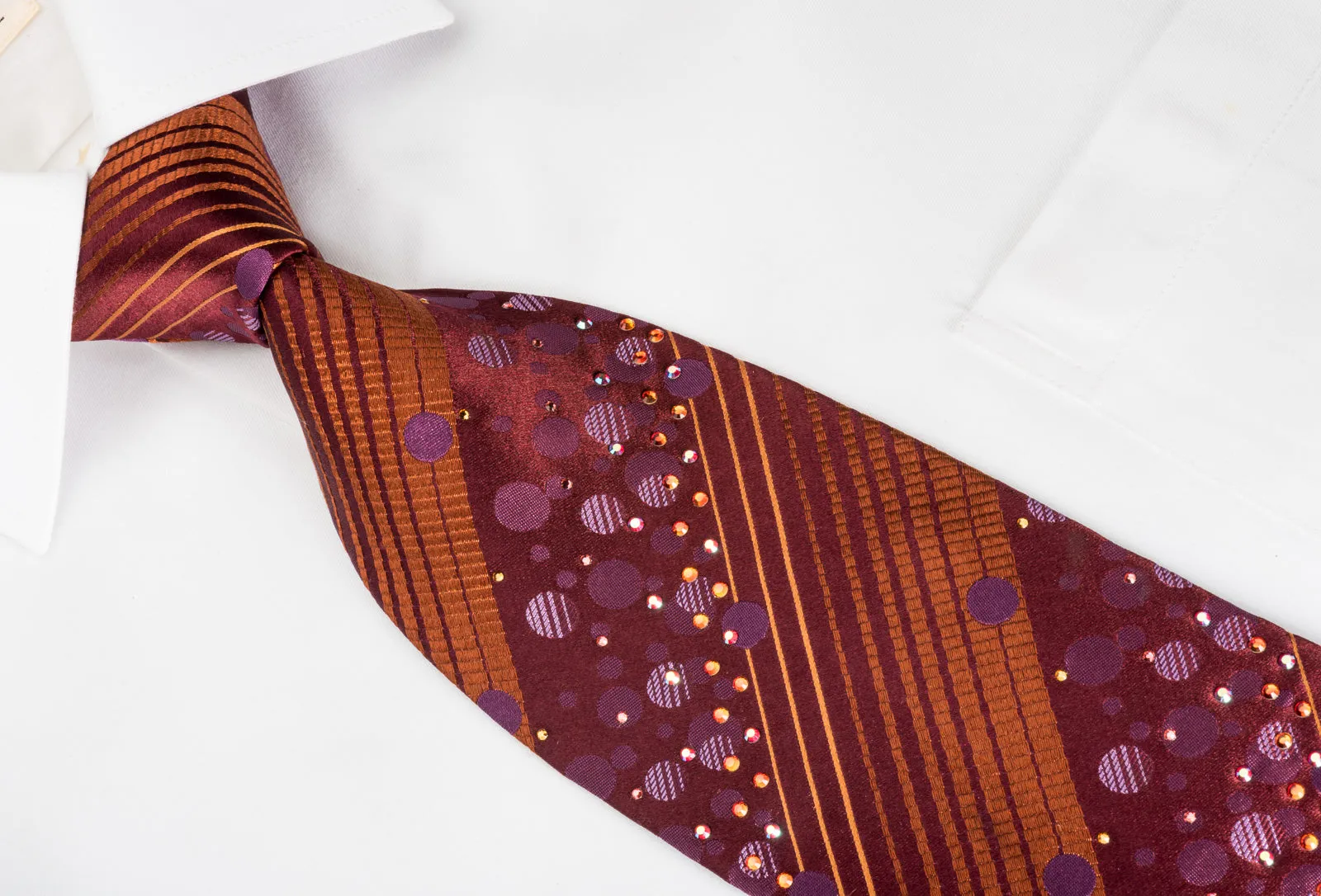 Mila Schon Men's Silk Necktie Copper Striped On Burgundy Sparkling With Rhinestones