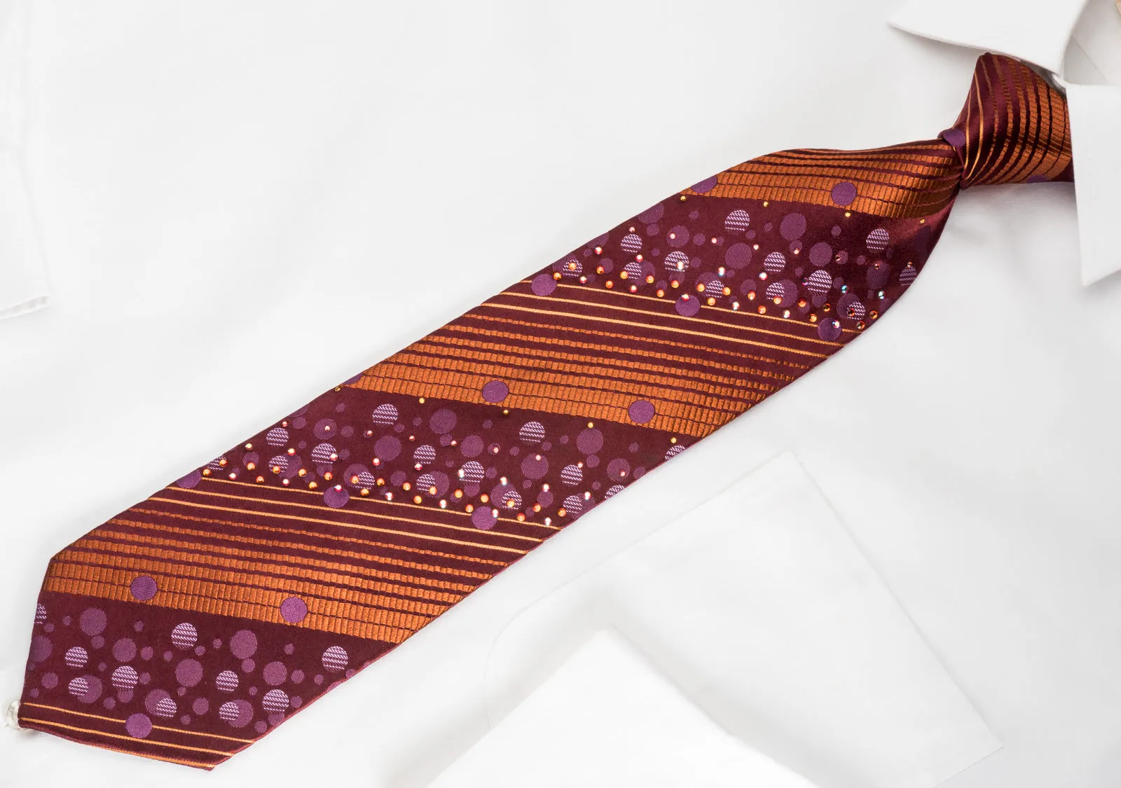 Mila Schon Men's Silk Necktie Copper Striped On Burgundy Sparkling With Rhinestones