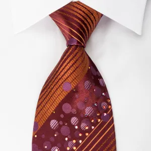 Mila Schon Men's Silk Necktie Copper Striped On Burgundy Sparkling With Rhinestones