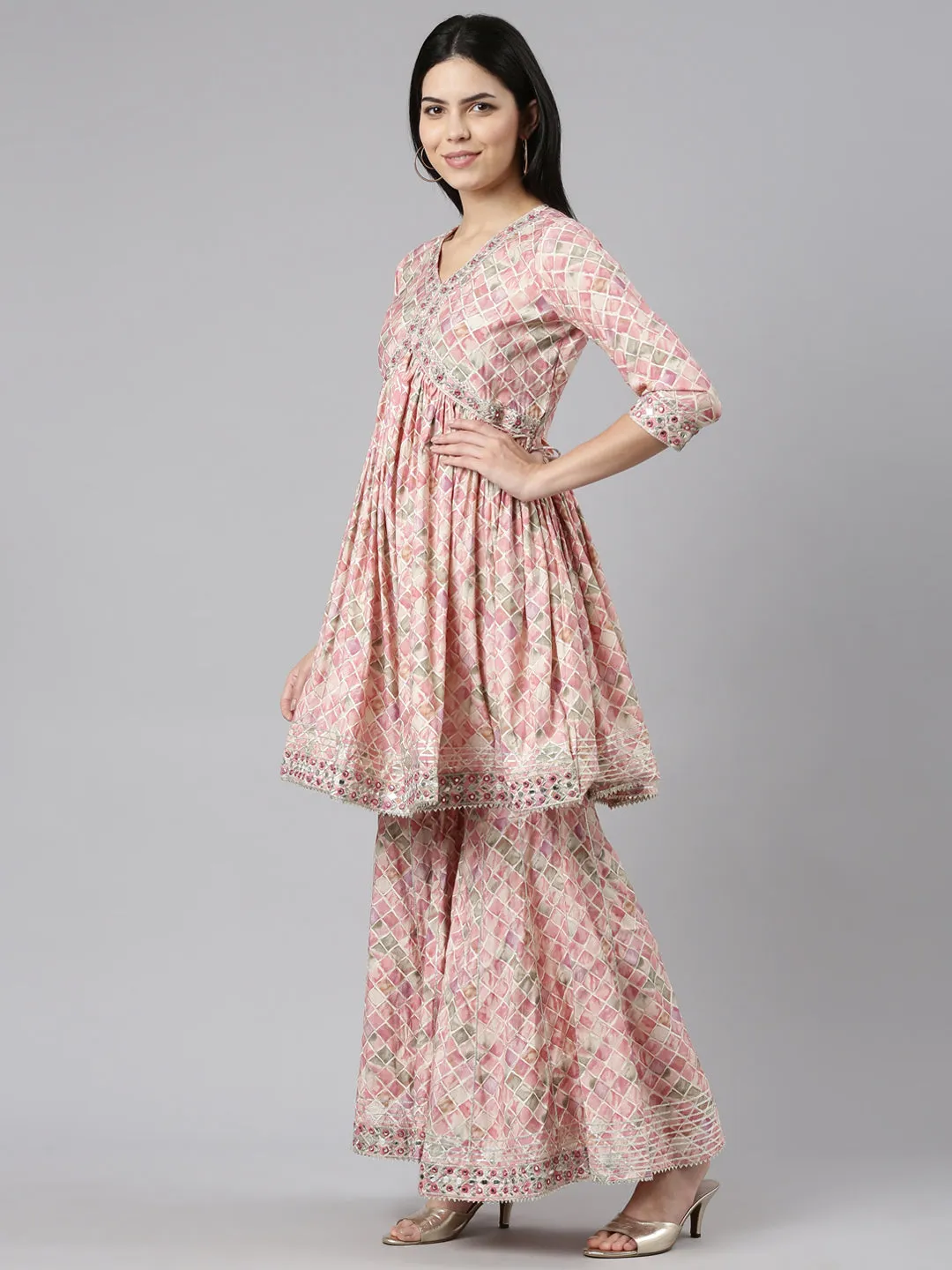 Neeru's Pink Pleated Straight Printed Kurta And Sharara With Dupatta
