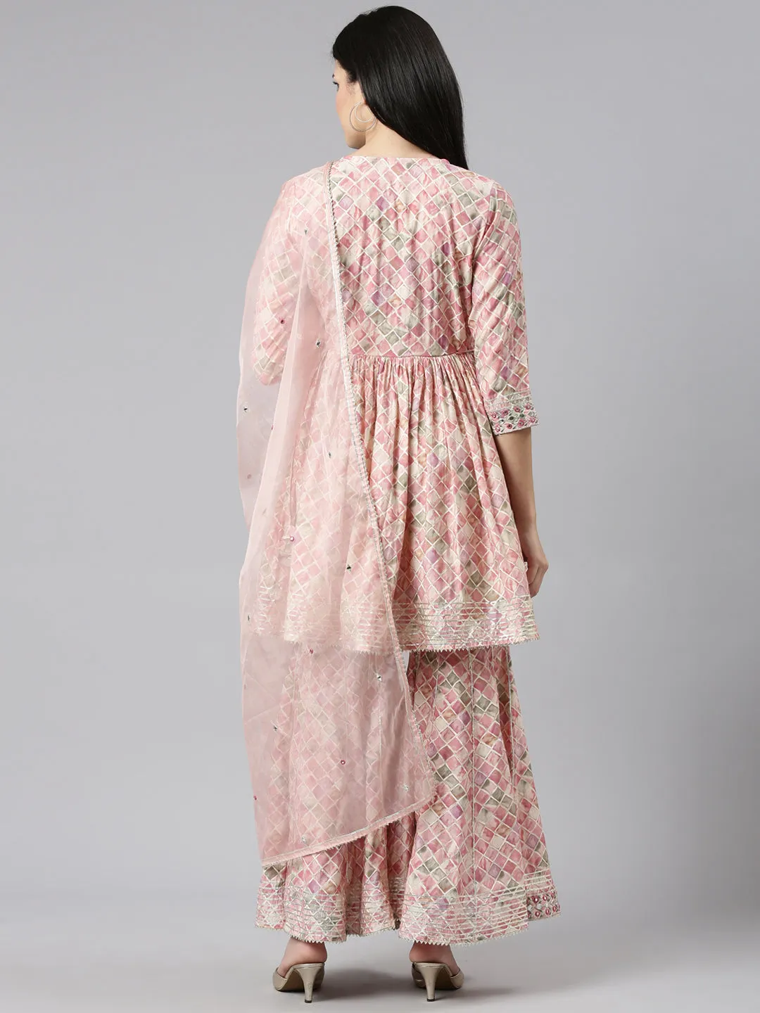 Neeru's Pink Pleated Straight Printed Kurta And Sharara With Dupatta