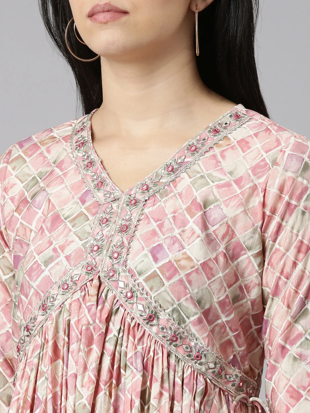 Neeru's Pink Pleated Straight Printed Kurta And Sharara With Dupatta