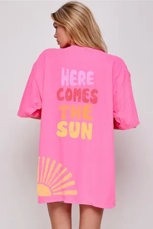 Neon Pink Lime-Orange Floral Ruffle Detail Short Sleeve Top