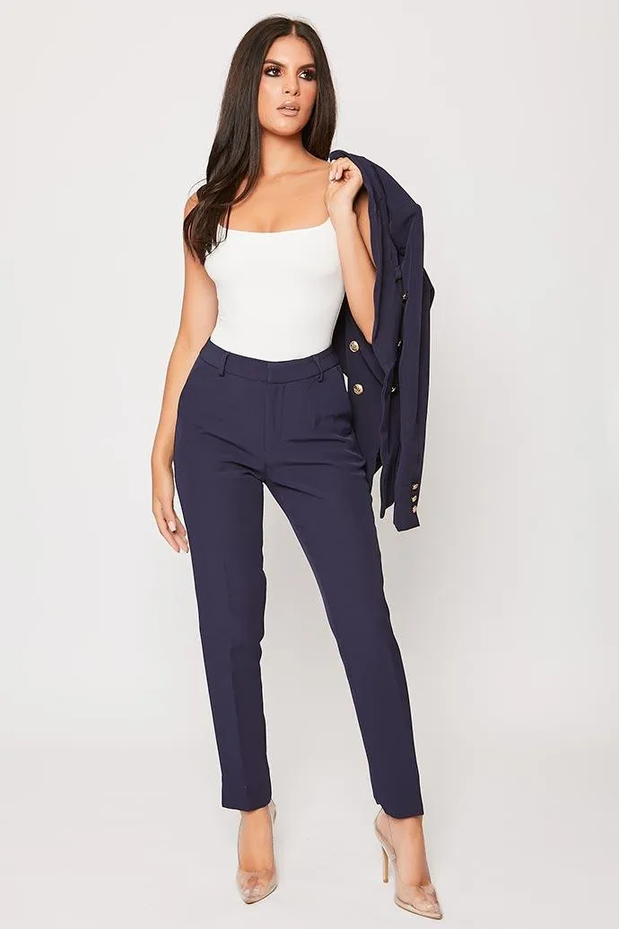 Neveah - Navy Puff Shoulder Blazer & Trouser Suit