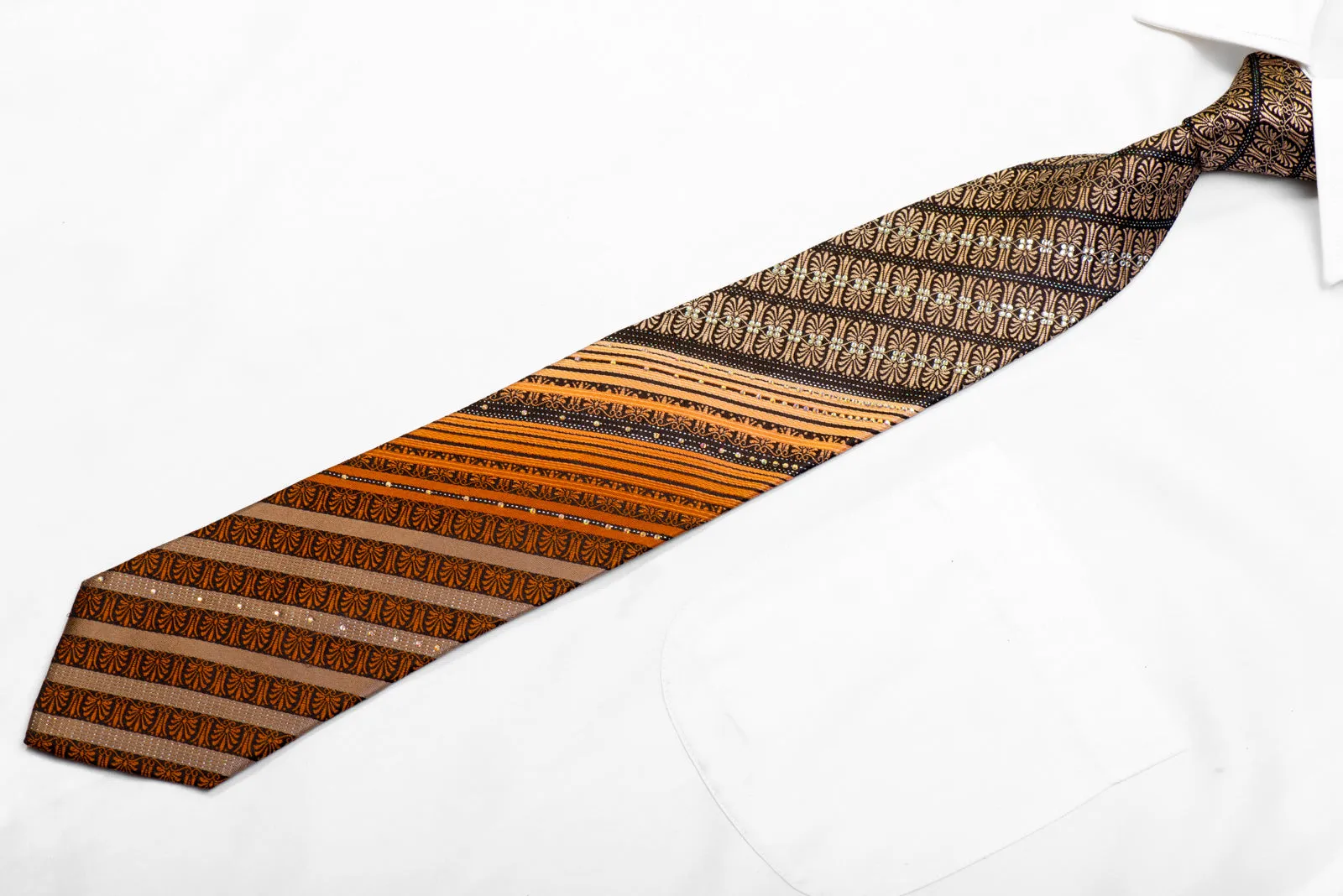 Nicole St Giles Tie Orange Brown Striped Anthemion On Black With Sparkles