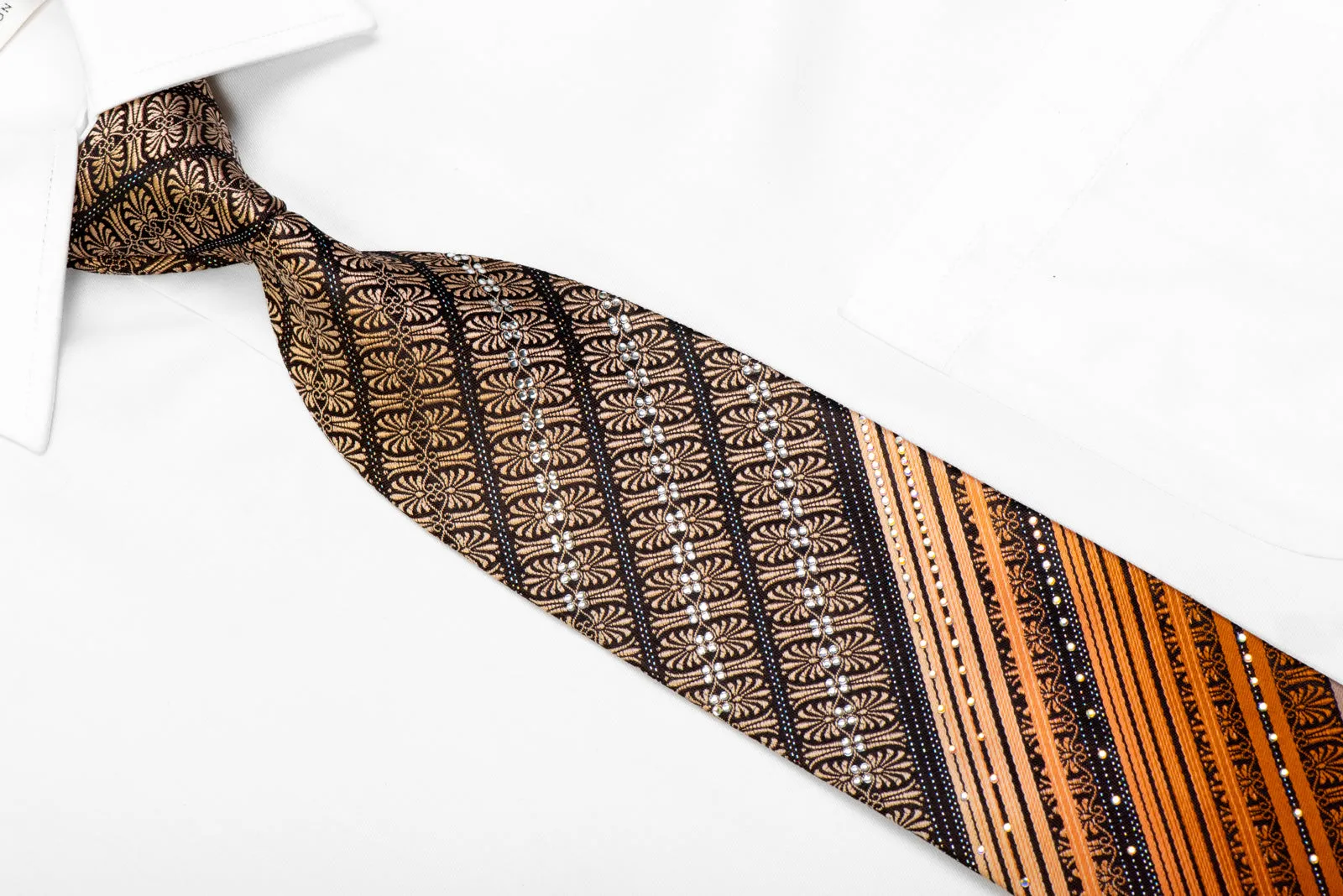 Nicole St Giles Tie Orange Brown Striped Anthemion On Black With Sparkles
