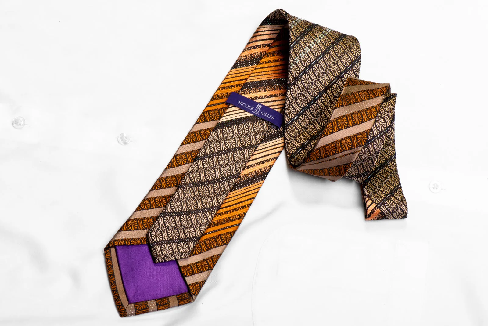 Nicole St Giles Tie Orange Brown Striped Anthemion On Black With Sparkles