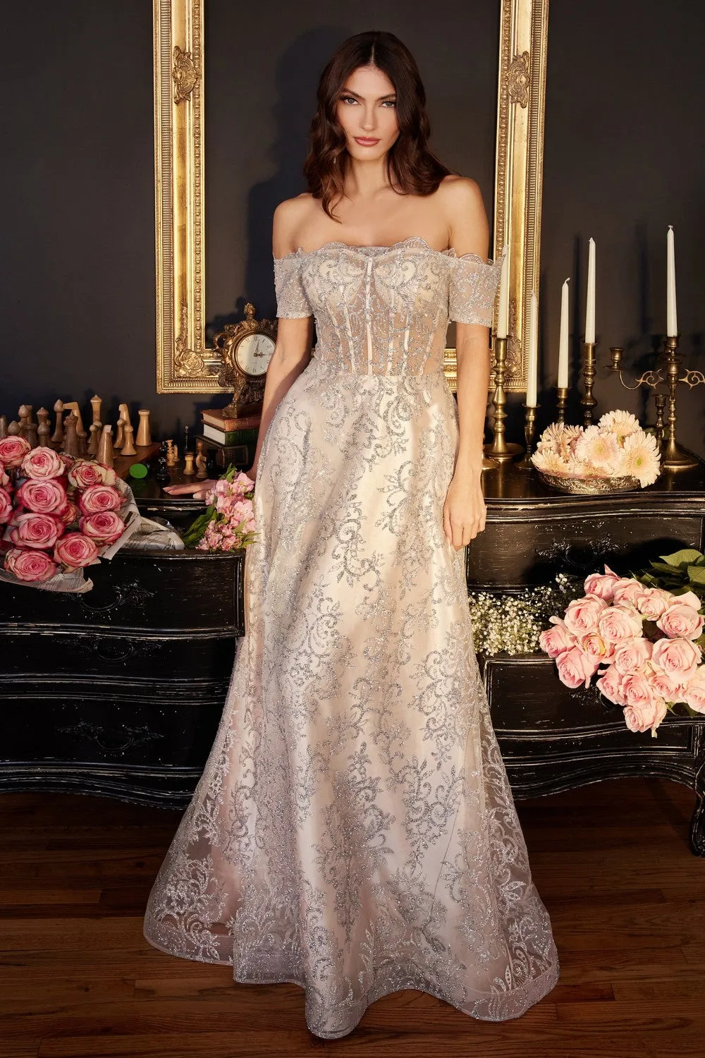 Off Shoulder Glitter A-Line Gown By Ladivine J835 - Women Evening Formal Gown - Special Occasion/Curves