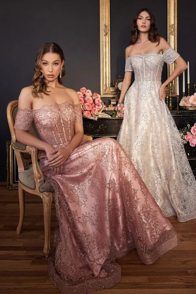 Off Shoulder Glitter A-Line Gown By Ladivine J835 - Women Evening Formal Gown - Special Occasion/Curves