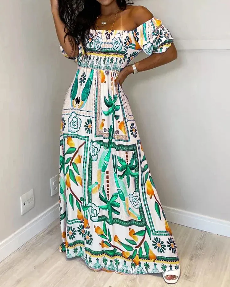 ONE-SHOULDER NIPPED-WAIST PRINTED MAXI DRESS