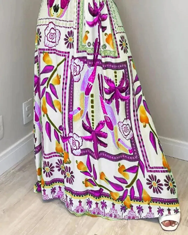 ONE-SHOULDER NIPPED-WAIST PRINTED MAXI DRESS