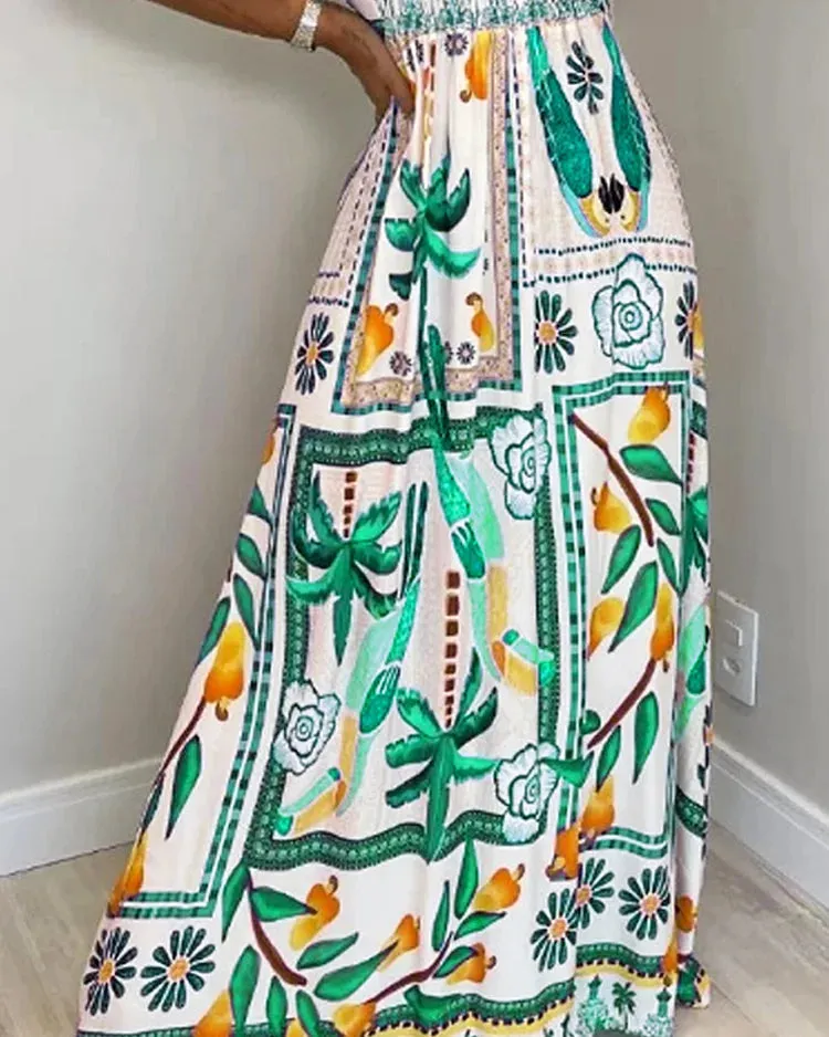 ONE-SHOULDER NIPPED-WAIST PRINTED MAXI DRESS