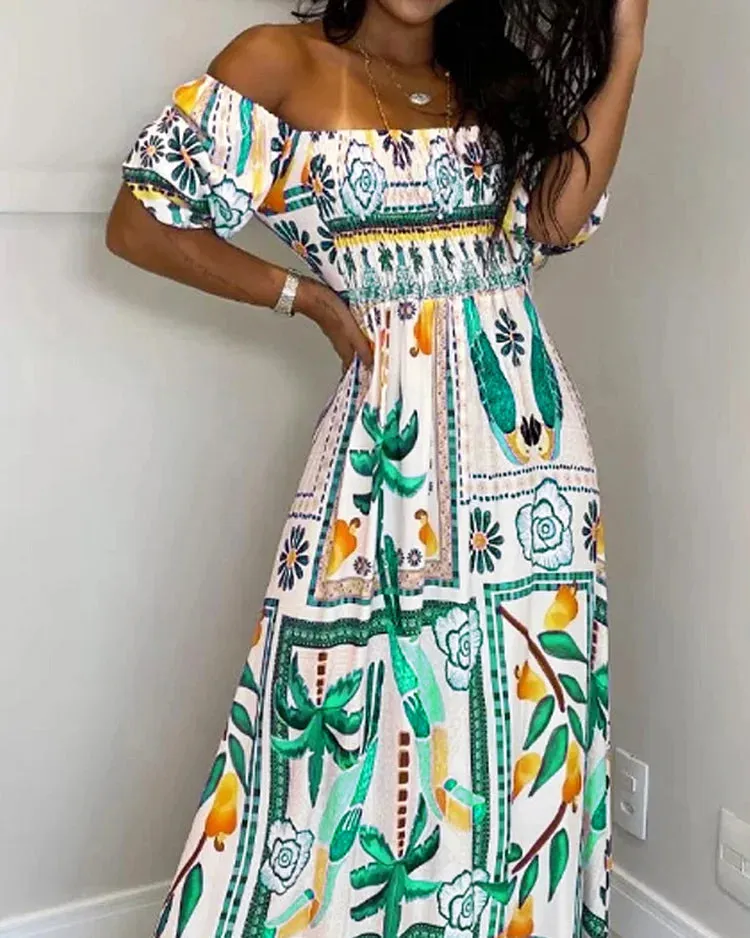 ONE-SHOULDER NIPPED-WAIST PRINTED MAXI DRESS