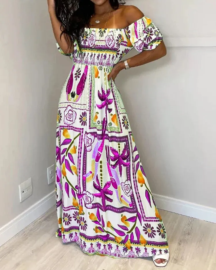 ONE-SHOULDER NIPPED-WAIST PRINTED MAXI DRESS