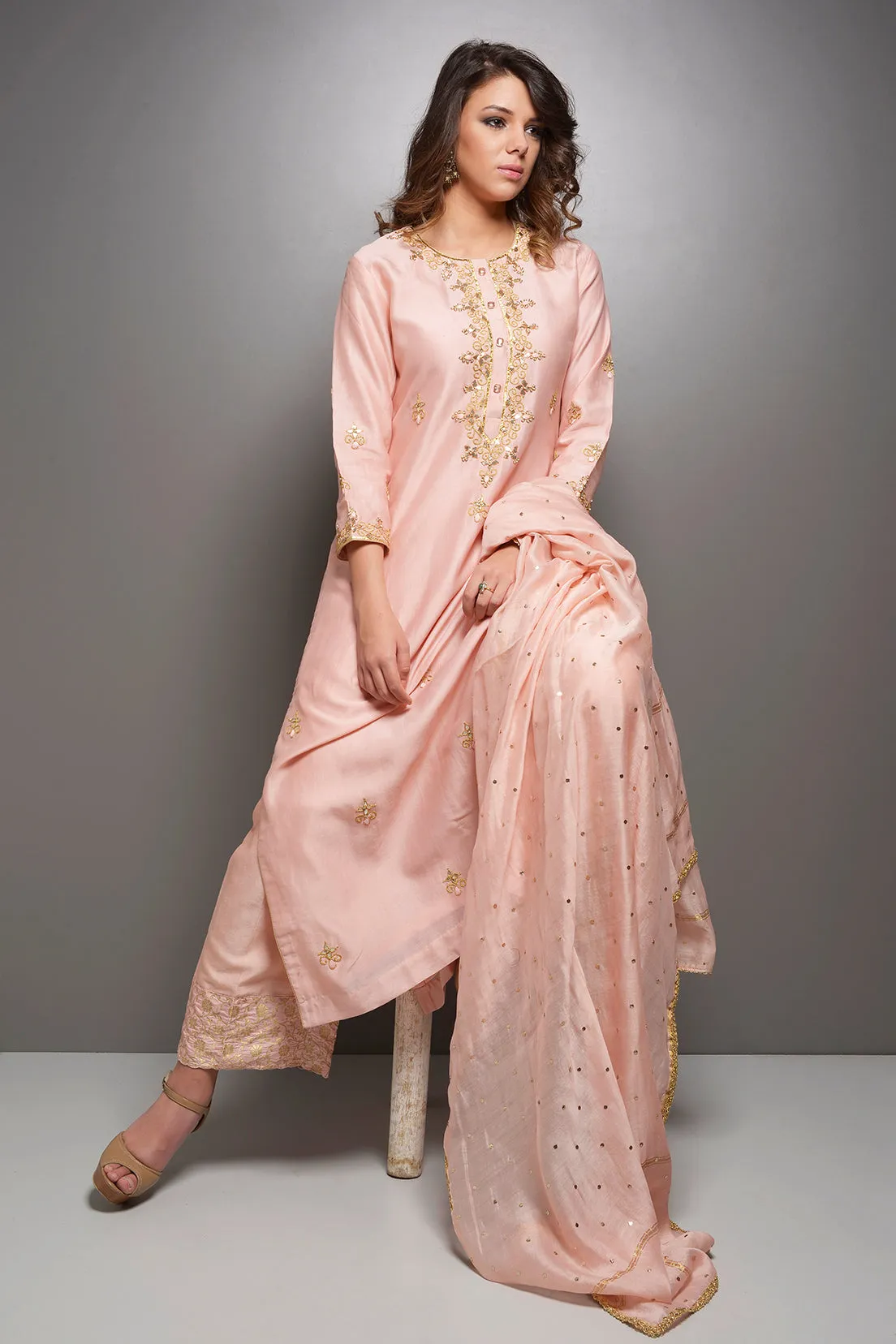 Peach Chanderi Gota Work Kurta Plazzo