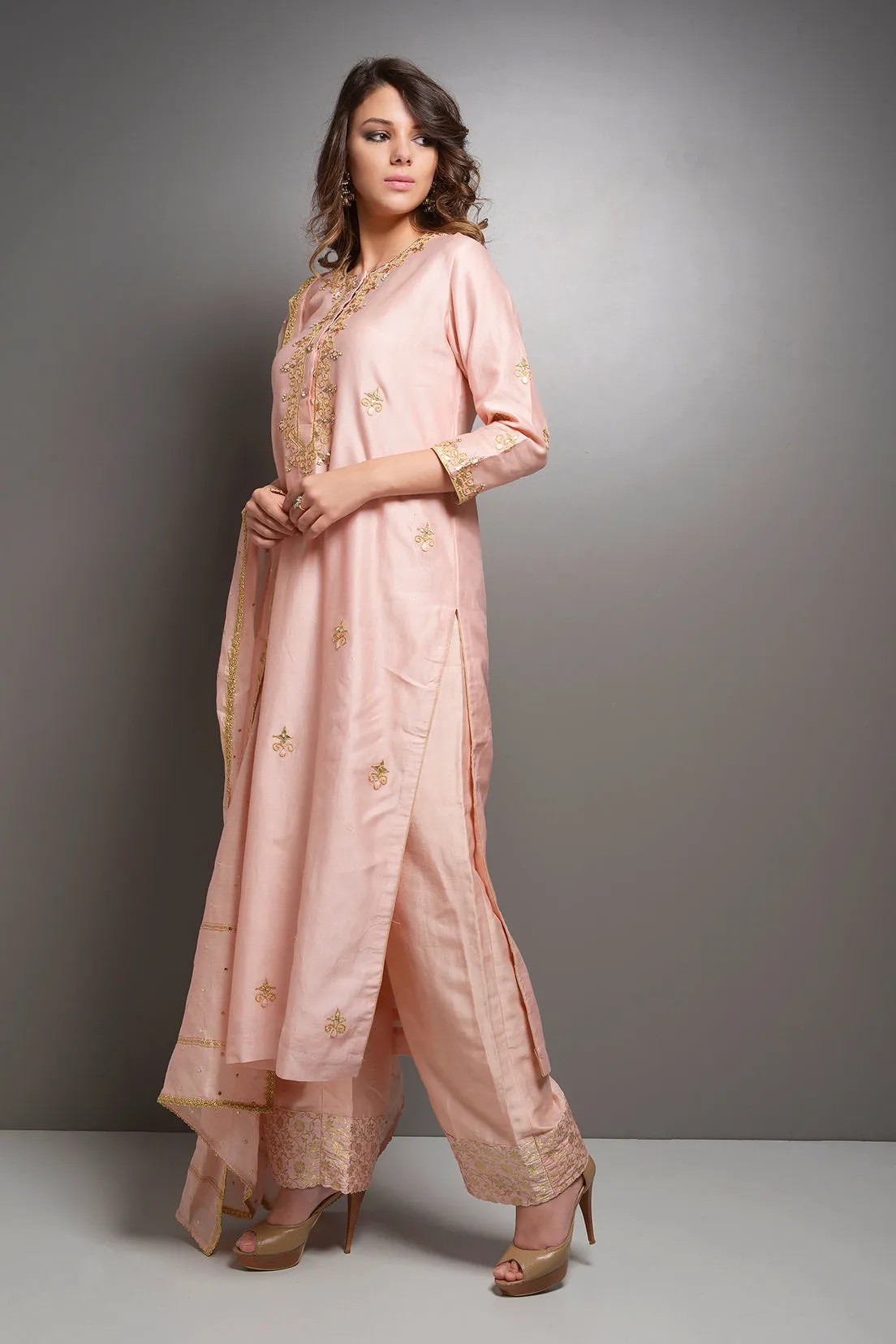 Peach Chanderi Gota Work Kurta Plazzo