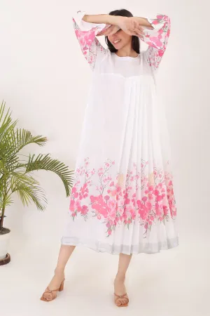 Pink White Pleated Print Dress