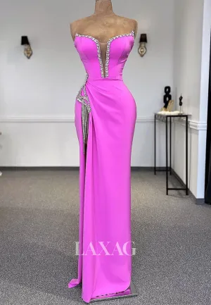Plunging V-Neck Off-Shoulder Sleeveless Evening Gowns Rhinestone Beaded Pleated Mermaid Prom Dress