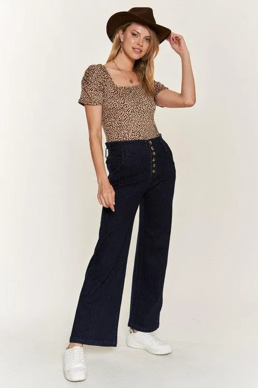 PLUS High Waisted Button Wide Leg Jeans