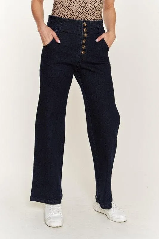 PLUS High Waisted Button Wide Leg Jeans