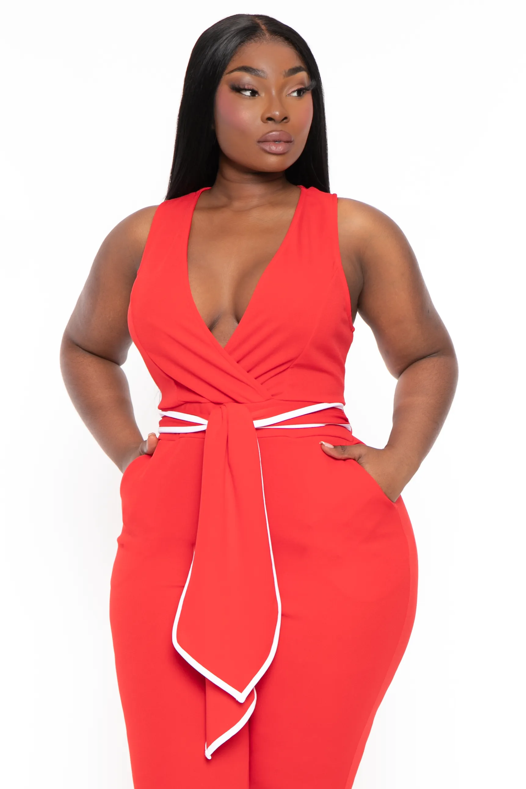Plus Size Marisa Front Tie Jumpsuit- Red
