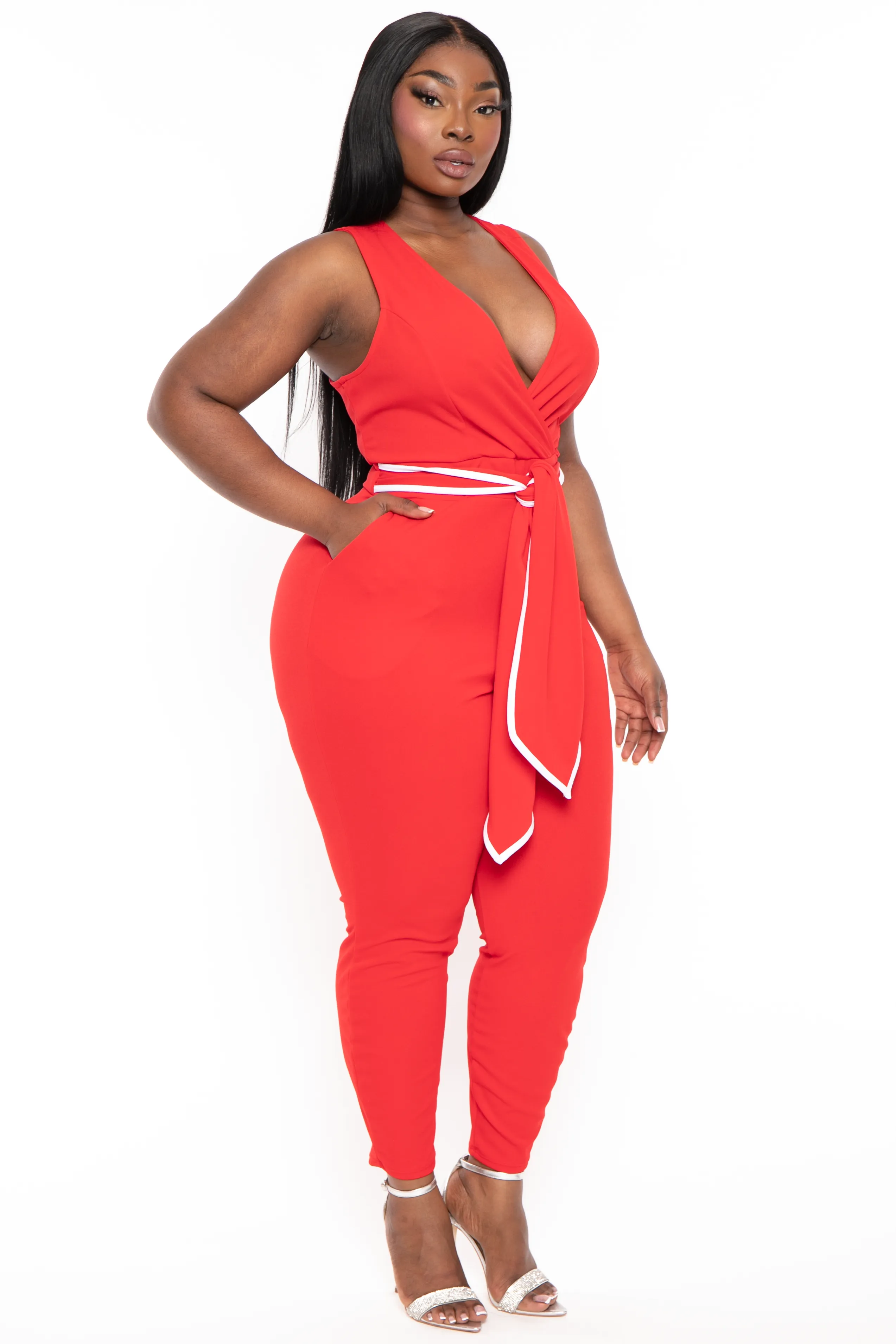 Plus Size Marisa Front Tie Jumpsuit- Red