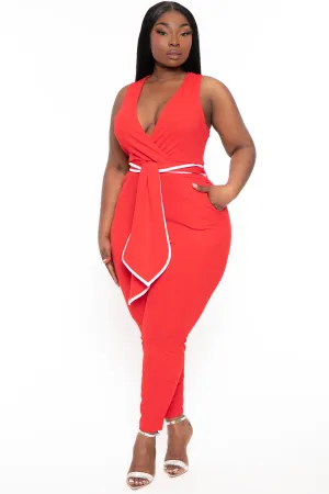 Plus Size Marisa Front Tie Jumpsuit- Red