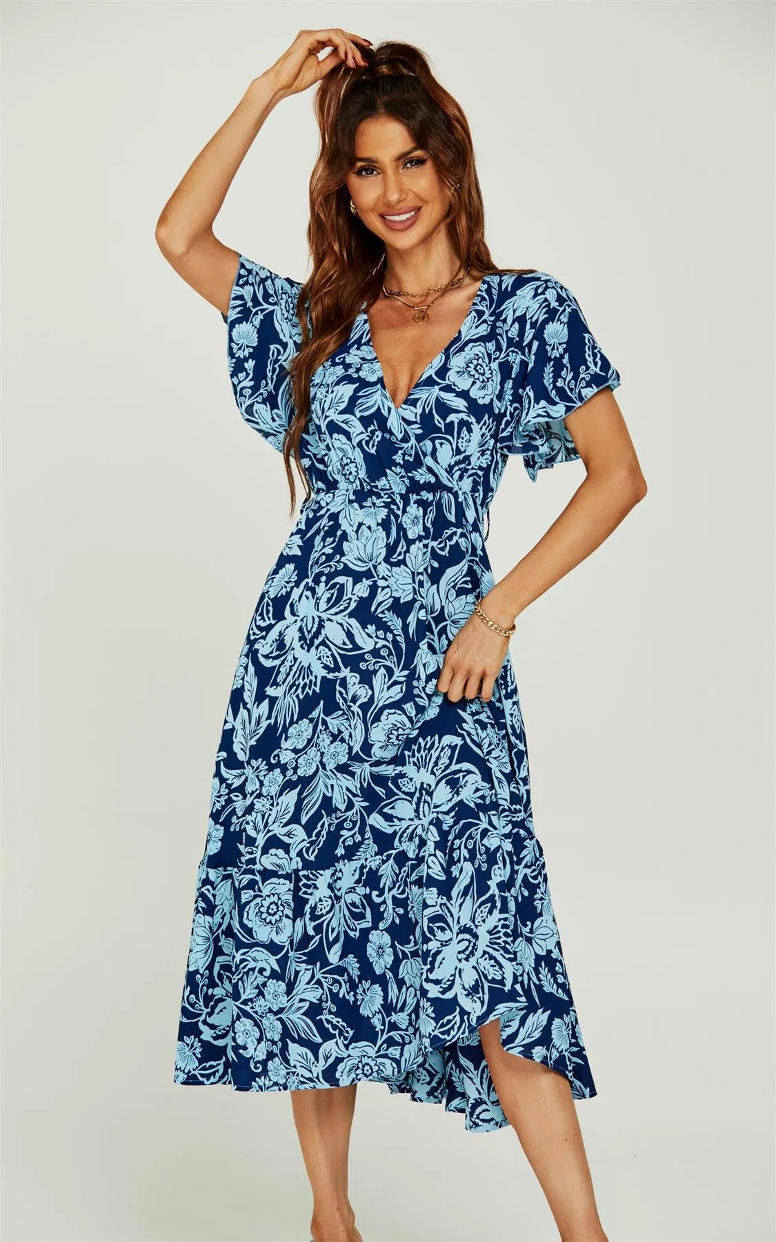 Pretty Floral Print Wrap Midi Dress In Blue