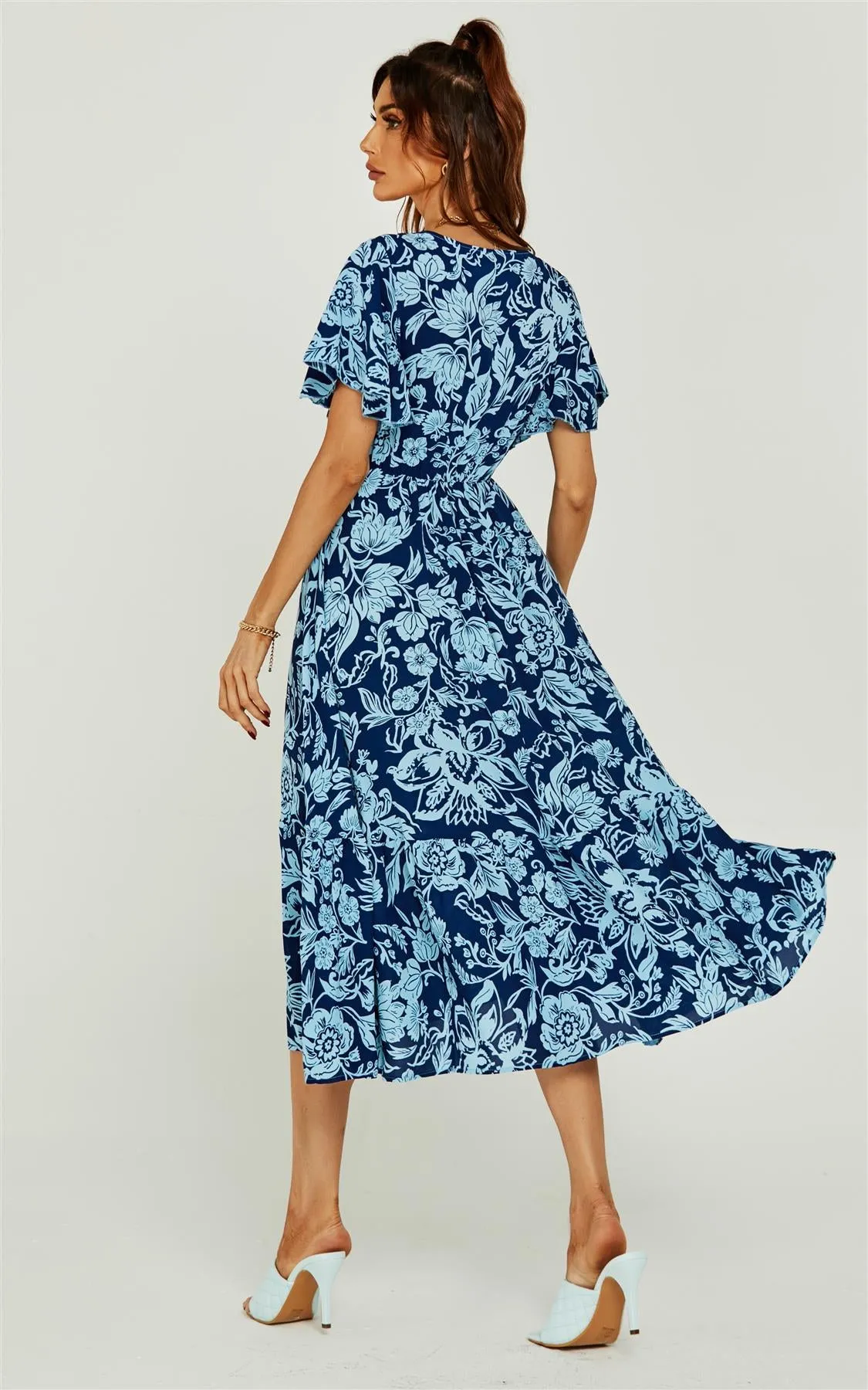 Pretty Floral Print Wrap Midi Dress In Blue