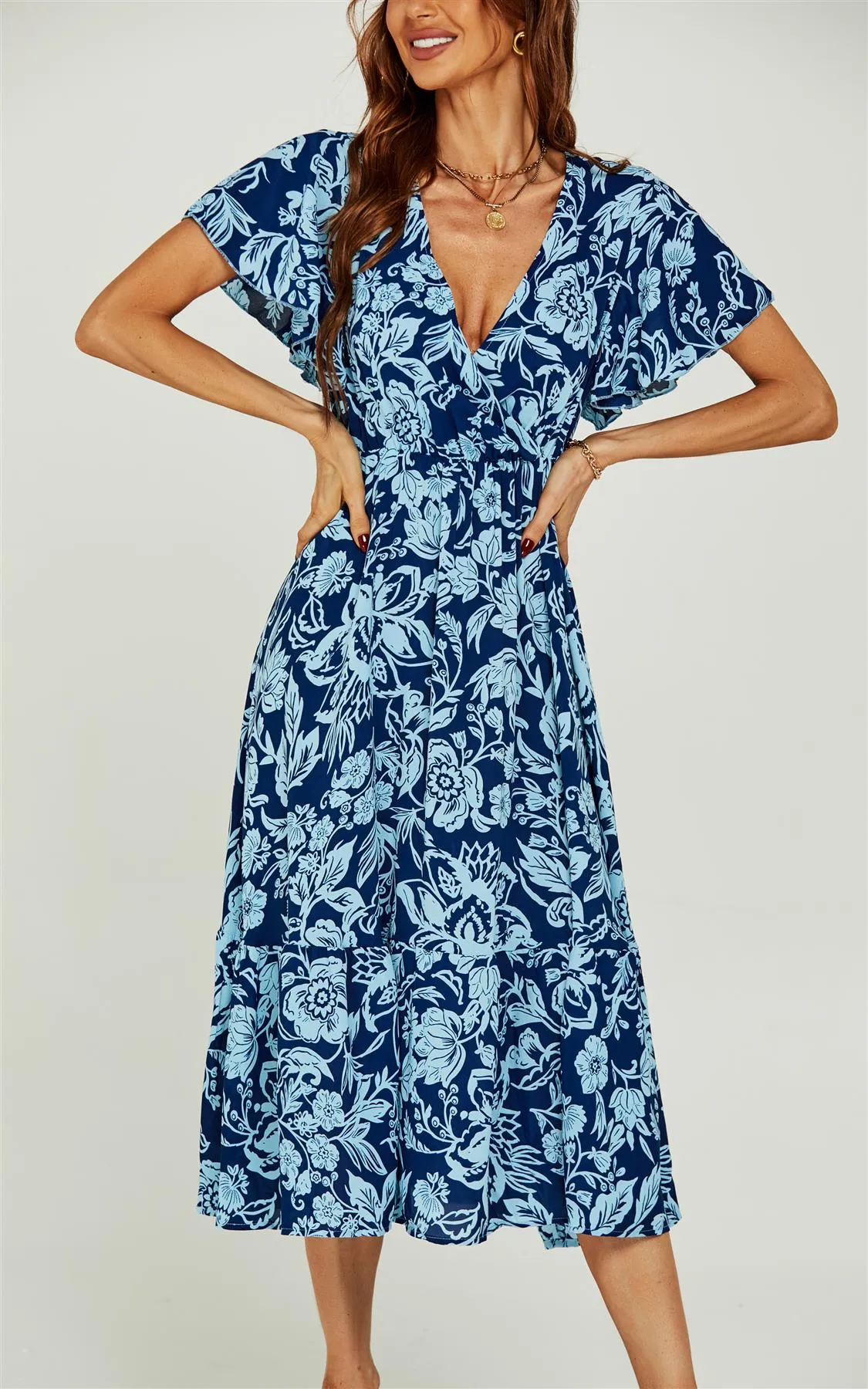 Pretty Floral Print Wrap Midi Dress In Blue