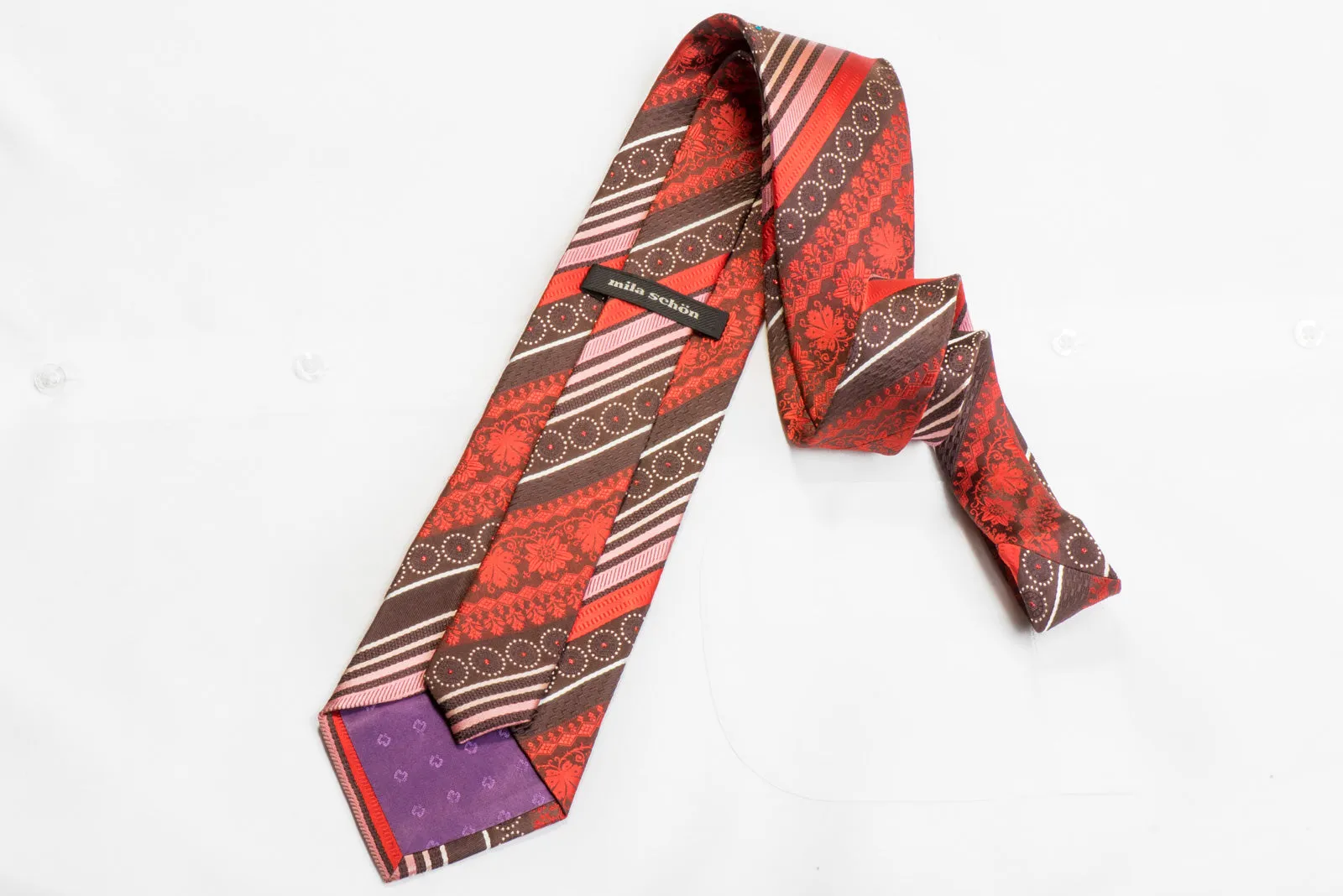 Rhinestone Silk Tie Orange Striped Cartouche On Brown With Sparkles