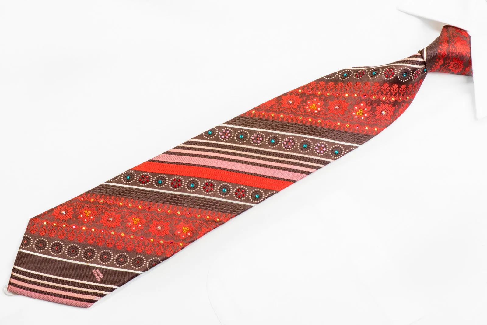 Rhinestone Silk Tie Orange Striped Cartouche On Brown With Sparkles