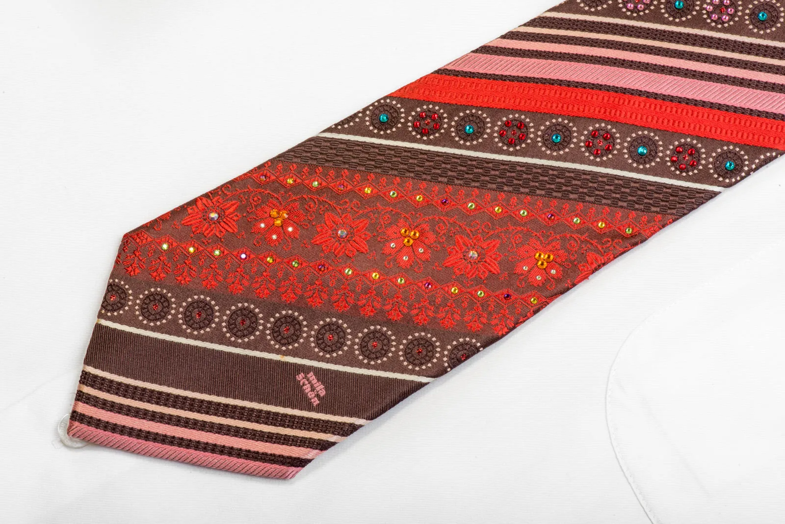 Rhinestone Silk Tie Orange Striped Cartouche On Brown With Sparkles
